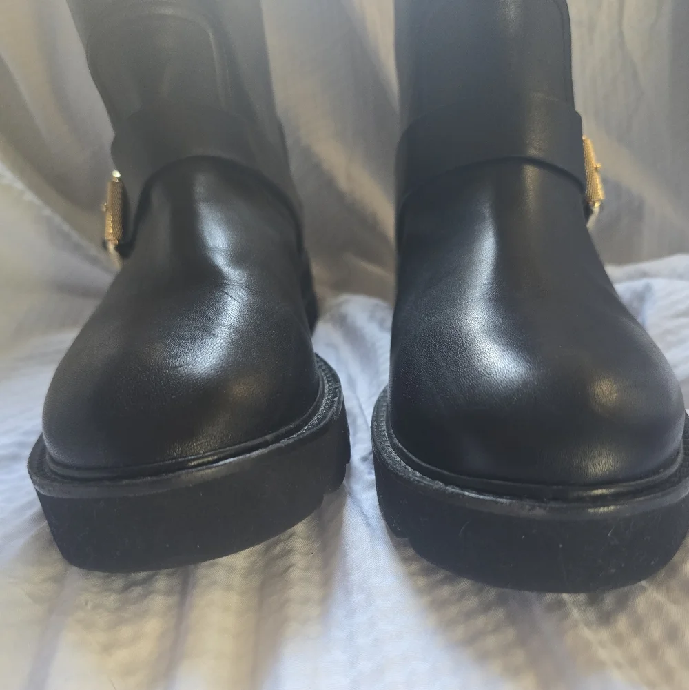 Stuart Weitzman NEW Black Combat Boots with Gold Buckle - Picture 12 of 14
